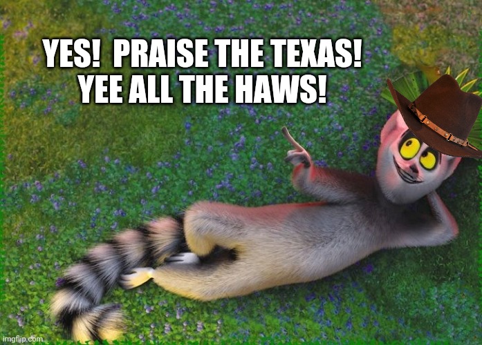 King Julian  | YES!  PRAISE THE TEXAS!
YEE ALL THE HAWS! | image tagged in king julian | made w/ Imgflip meme maker