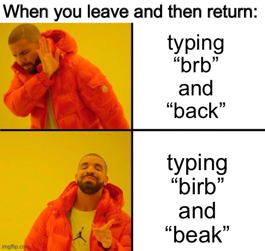 drake meme | When you leave and then return:; typing
“brb”
and
“back”; typing
“birb”
and
“beak” | image tagged in drake meme,memes | made w/ Imgflip meme maker