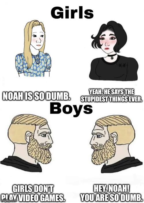 Who agrees that Noah is dumb? | NOAH IS SO DUMB. YEAH. HE SAYS THE STUPIDEST THINGS EVER. HEY, NOAH! YOU ARE SO DUMB. GIRLS DON’T PLAY VIDEO GAMES. | image tagged in girls vs boys,gaming | made w/ Imgflip meme maker