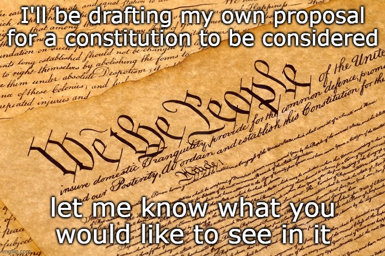 After I get some input, I'll take a couple days to write it up, and then we'll look at it to see if there needs to be any change | I'll be drafting my own proposal for a constitution to be considered; let me know what you would like to see in it | image tagged in us constitution | made w/ Imgflip meme maker