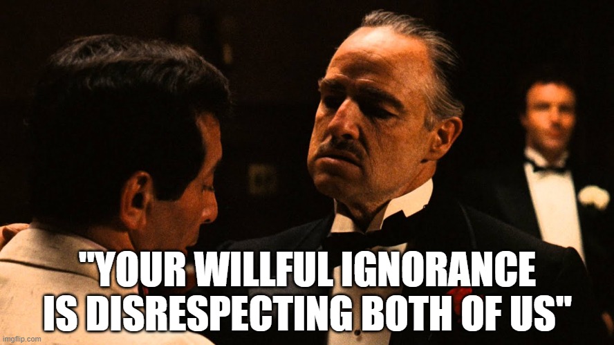 "YOUR WILLFUL IGNORANCE IS DISRESPECTING BOTH OF US" | made w/ Imgflip meme maker
