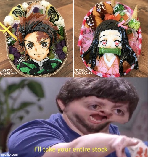 just wanted to share these awesome demon slayerbentos i found | image tagged in i'll take your entire stock,demon slayer,masterpiece,bento | made w/ Imgflip meme maker