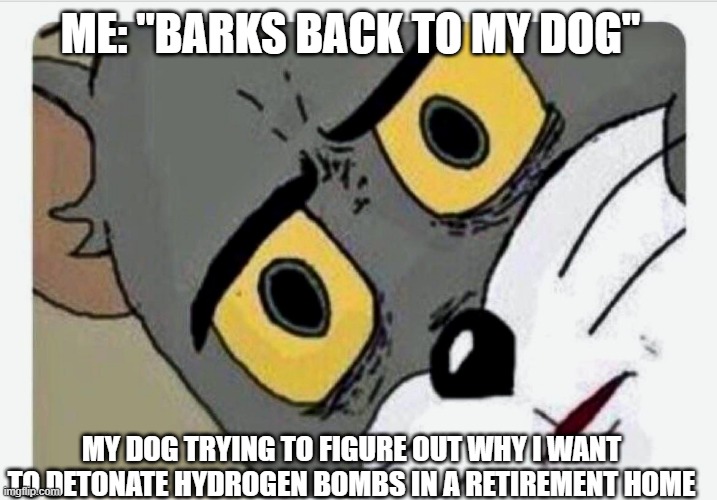 Disturbed Tom |  ME: "BARKS BACK TO MY DOG"; MY DOG TRYING TO FIGURE OUT WHY I WANT TO DETONATE HYDROGEN BOMBS IN A RETIREMENT HOME | image tagged in disturbed tom | made w/ Imgflip meme maker