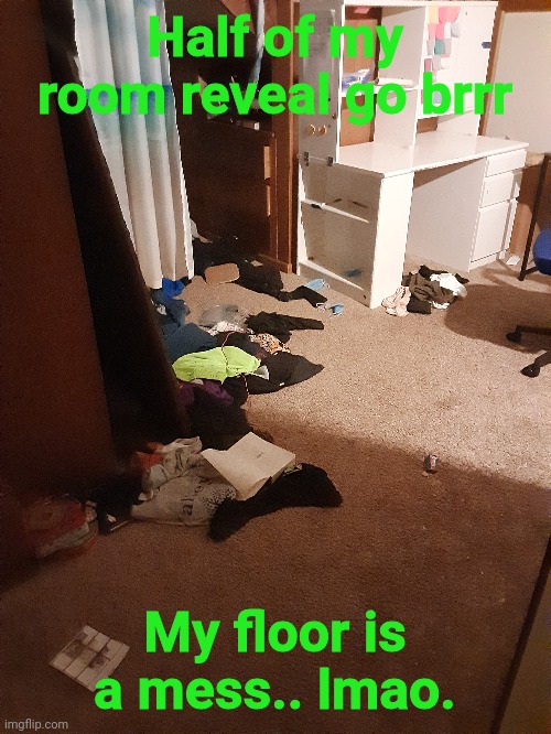 Half of my room reveal go brrr; My floor is a mess.. lmao. | made w/ Imgflip meme maker