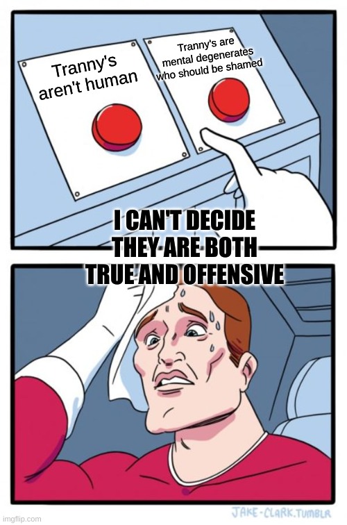Two Buttons | Tranny's are mental degenerates who should be shamed; Tranny's aren't human; I CAN'T DECIDE THEY ARE BOTH TRUE AND OFFENSIVE | image tagged in memes,two buttons | made w/ Imgflip meme maker