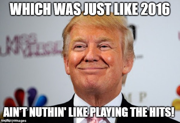 Donald trump approves | WHICH WAS JUST LIKE 2016 AIN'T NUTHIN' LIKE PLAYING THE HITS! | image tagged in donald trump approves | made w/ Imgflip meme maker