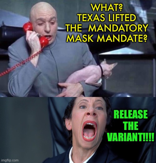 The leftists can’t take it. Freedom must not be allowed. | WHAT? TEXAS LIFTED THE  MANDATORY MASK MANDATE? RELEASE THE VARIANT!!!! | image tagged in dr evil and frau,texas,common sense,leftists,autistic screeching,crying democrats | made w/ Imgflip meme maker