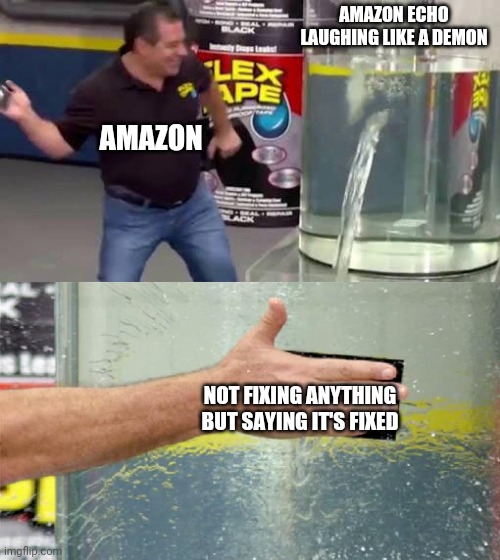 amazon be like: :| | AMAZON ECHO LAUGHING LIKE A DEMON; AMAZON; NOT FIXING ANYTHING BUT SAYING IT'S FIXED | image tagged in flex tape,raycat,thedoctor | made w/ Imgflip meme maker
