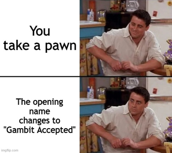 *cue baka mitai* |  You take a pawn; The opening name changes to "Gambit Accepted" | image tagged in surprised joey,chess | made w/ Imgflip meme maker