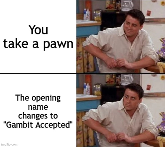 *cue baka mitai* | You take a pawn; The opening name changes to "Gambit Accepted" | image tagged in surprised joey,chess | made w/ Imgflip meme maker