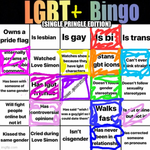LGBTQ bingo | (SINGLE PRINGLE EDITION) | image tagged in lgbtq bingo | made w/ Imgflip meme maker