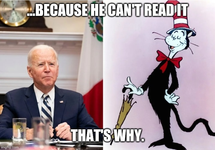  ...BECAUSE HE CAN'T READ IT; THAT'S WHY. | image tagged in biden,dr seuss,ridiculous,joe biden | made w/ Imgflip meme maker