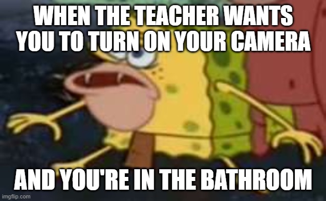noooo |  WHEN THE TEACHER WANTS YOU TO TURN ON YOUR CAMERA; AND YOU'RE IN THE BATHROOM | image tagged in memes,spongegar | made w/ Imgflip meme maker
