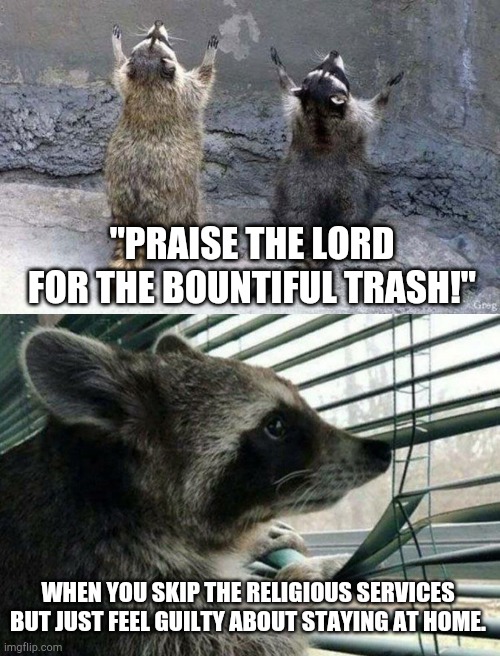 "PRAISE THE LORD FOR THE BOUNTIFUL TRASH!"; WHEN YOU SKIP THE RELIGIOUS SERVICES BUT JUST FEEL GUILTY ABOUT STAYING AT HOME. | image tagged in raccoon worshipping,deep thoughts raccoon | made w/ Imgflip meme maker