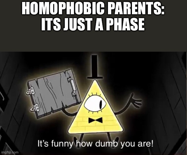 Haven’t actually come out to parents, just thought this would be a good meme | HOMOPHOBIC PARENTS: ITS JUST A PHASE | image tagged in bill cypher it's funny how dumb you are | made w/ Imgflip meme maker