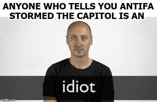 An infallible test for cranial insufficiency. | ANYONE WHO TELLS YOU ANTIFA STORMED THE CAPITOL IS AN | image tagged in antifa,capitol hill,idiot | made w/ Imgflip meme maker