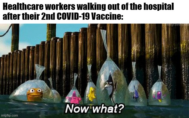 Healthcare workers fully vaccinated | Healthcare workers walking out of the hospital 
after their 2nd COVID-19 Vaccine: | image tagged in now what | made w/ Imgflip meme maker