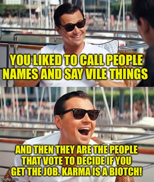 Leonardo Dicaprio Wolf Of Wall Street Meme | YOU LIKED TO CALL PEOPLE NAMES AND SAY VILE THINGS AND THEN THEY ARE THE PEOPLE THAT VOTE TO DECIDE IF YOU GET THE JOB. KARMA IS A BIOTCH! | image tagged in memes,leonardo dicaprio wolf of wall street | made w/ Imgflip meme maker