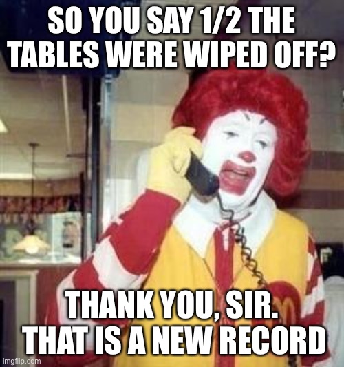 Ronald McDonald Temp | SO YOU SAY 1/2 THE TABLES WERE WIPED OFF? THANK YOU, SIR.  THAT IS A NEW RECORD | image tagged in ronald mcdonald temp | made w/ Imgflip meme maker