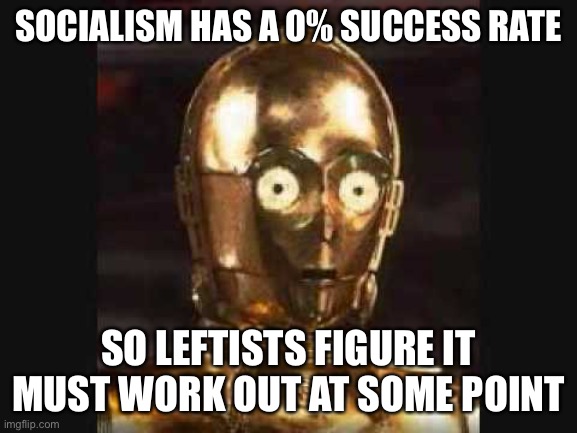 c3p0 | SOCIALISM HAS A 0% SUCCESS RATE SO LEFTISTS FIGURE IT MUST WORK OUT AT SOME POINT | image tagged in c3p0 | made w/ Imgflip meme maker