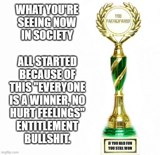 WHAT YOU'RE
SEEING NOW
IN SOCIETY ALL STARTED
BECAUSE OF
THIS "EVERYONE
IS A WINNER, NO
HURT FEELINGS"
ENTITLEMENT
BULLSHIT. IF YOU HAD FUN
 | made w/ Imgflip meme maker