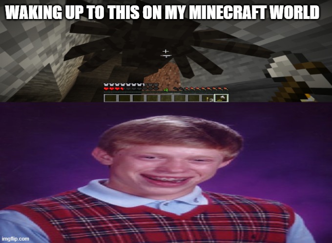 Good morn- AHH SPIDER | WAKING UP TO THIS ON MY MINECRAFT WORLD | image tagged in minecraft,spider,memes,funny,bad luck brian | made w/ Imgflip meme maker