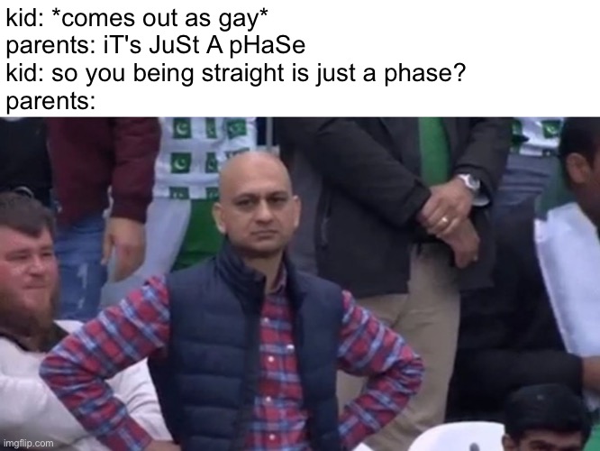 disapointed guy | kid: *comes out as gay*
parents: iT's JuSt A pHaSe
kid: so you being straight is just a phase?
parents: | image tagged in disapointed guy | made w/ Imgflip meme maker