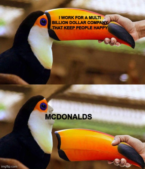 mcdonalds keeps people happy | I WORK FOR A MULTI BILLION DOLLAR COMPANY THAT KEEP PEOPLE HAPPY; MCDONALDS | image tagged in mcdonalds toucan meme | made w/ Imgflip meme maker