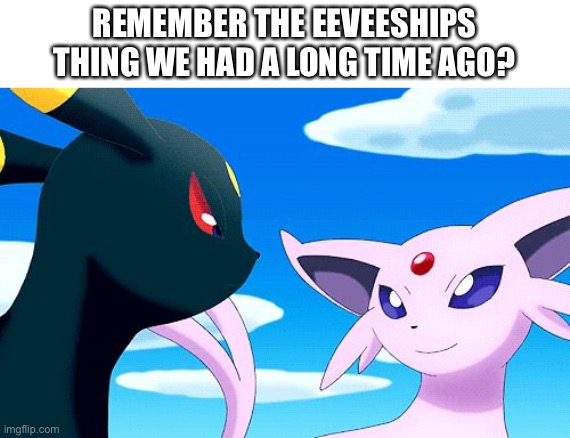 Umbreon and Espeon | REMEMBER THE EEVEESHIPS THING WE HAD A LONG TIME AGO? | image tagged in umbreon and espeon | made w/ Imgflip meme maker
