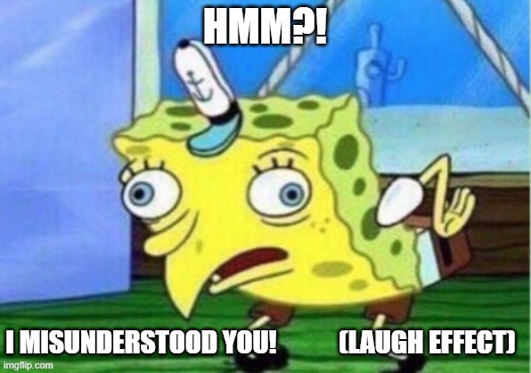 Mocking Spongebob Meme | HMM?! I MISUNDERSTOOD YOU!            (LAUGH EFFECT) | image tagged in memes,mocking spongebob | made w/ Imgflip meme maker