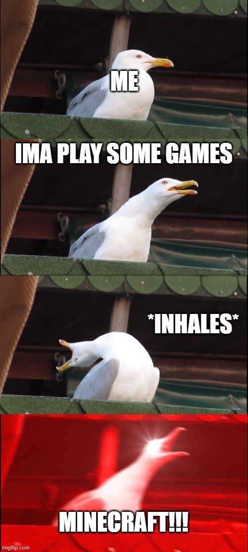 minecraft | ME; IMA PLAY SOME GAMES; *INHALES*; MINECRAFT!!! | image tagged in memes,inhaling seagull | made w/ Imgflip meme maker