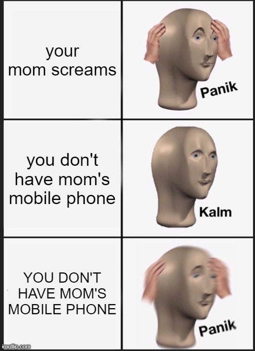 Panik Kalm Panik | your mom screams; you don't have mom's mobile phone; YOU DON'T HAVE MOM'S MOBILE PHONE | image tagged in memes,panik kalm panik | made w/ Imgflip meme maker