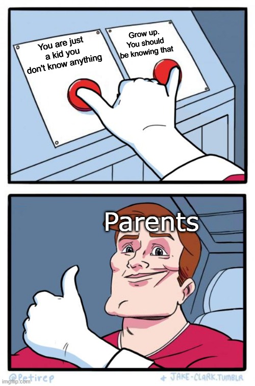 meme | Grow up. You should be knowing that; You are just a kid you don't know anything; Parents | image tagged in both buttons pressed | made w/ Imgflip meme maker