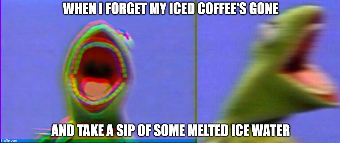 Scurr-mit | WHEN I FORGET MY ICED COFFEE'S GONE; AND TAKE A SIP OF SOME MELTED ICE WATER | image tagged in kermit scream,kermit screaming,coffee,coffee addict,starbucks barista,barista | made w/ Imgflip meme maker