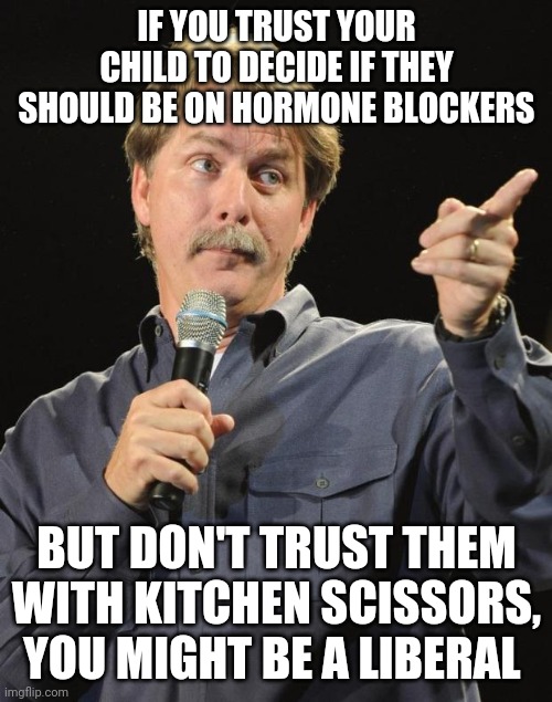 Jeff Foxworthy | IF YOU TRUST YOUR CHILD TO DECIDE IF THEY SHOULD BE ON HORMONE BLOCKERS; BUT DON'T TRUST THEM WITH KITCHEN SCISSORS, YOU MIGHT BE A LIBERAL | image tagged in jeff foxworthy | made w/ Imgflip meme maker