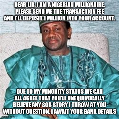 Nigerian Prince | DEAR LIB, I AM A NIGERIAN MILLIONAIRE. PLEASE SEND ME THE TRANSACTION FEE AND I'LL DEPOSIT 1 MILLION INTO YOUR ACCOUNT. DUE TO MY MINORITY STATUS WE CAN ALL AGREE THAT YOU'LL UNEQUIVOCALLY BELIEVE ANY SOB STORY I THROW AT YOU WITHOUT QUESTION. I AWAIT YOUR BANK DETAILS | image tagged in nigerian prince | made w/ Imgflip meme maker