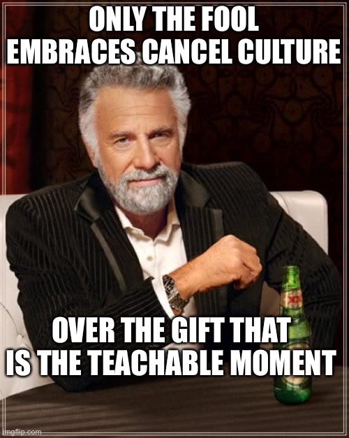 Cancel culture teachable moment | ONLY THE FOOL EMBRACES CANCEL CULTURE; OVER THE GIFT THAT IS THE TEACHABLE MOMENT | image tagged in memes,the most interesting man in the world | made w/ Imgflip meme maker