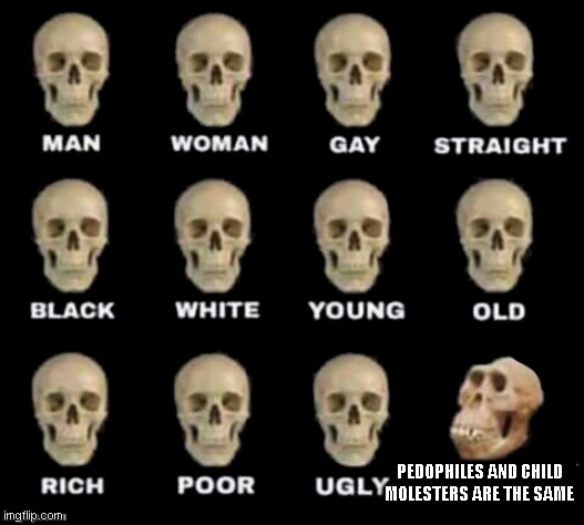 idiot skull | PEDOPHILES AND CHILD MOLESTERS ARE THE SAME | image tagged in idiot skull | made w/ Imgflip meme maker