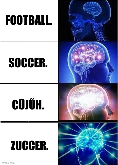 Expanding Brain | FOOTBALL. SOCCER. CŪJŰH. ZUCCER. | image tagged in memes,expanding brain,soccer flop | made w/ Imgflip meme maker
