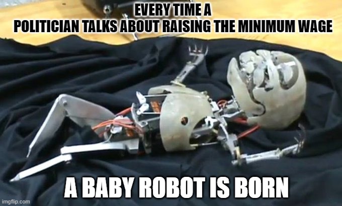 EVERY TIME A POLITICIAN TALKS ABOUT RAISING THE MINIMUM WAGE; A BABY ROBOT IS BORN | made w/ Imgflip meme maker