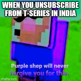 Pewdiepie is doomed in India | WHEN YOU UNSUBSCRIBE FROM T-SERIES IN INDIA | image tagged in purple shep will never forgive you for this | made w/ Imgflip meme maker