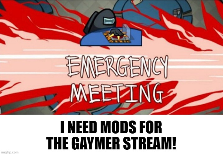 I need mods! | I NEED MODS FOR THE GAYMER STREAM! | image tagged in emergency meeting,gaymer,gaming,lgbt | made w/ Imgflip meme maker
