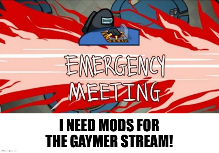 MODS! | I NEED MODS FOR THE GAYMER STREAM! | image tagged in emergency meeting,gaymer,gaming,lgbt | made w/ Imgflip meme maker