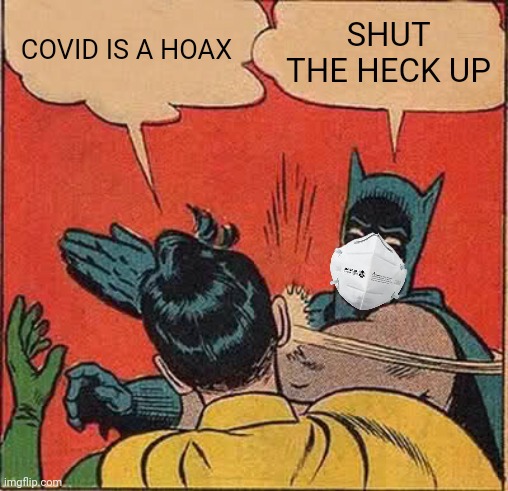 another Batman Covid meme | COVID IS A HOAX; SHUT THE HECK UP | image tagged in memes,batman slapping robin,coronavirus,covid-19,covid,sars | made w/ Imgflip meme maker