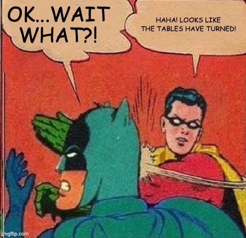The Tables Have Turned | OK...WAIT WHAT?! HAHA! LOOKS LIKE THE TABLES HAVE TURNED! | image tagged in batman and robin,robin slaps batman | made w/ Imgflip meme maker