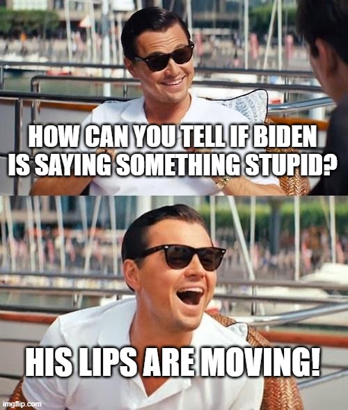Leonardo Dicaprio Wolf Of Wall Street Meme | HOW CAN YOU TELL IF BIDEN IS SAYING SOMETHING STUPID? HIS LIPS ARE MOVING! | image tagged in memes,leonardo dicaprio wolf of wall street | made w/ Imgflip meme maker