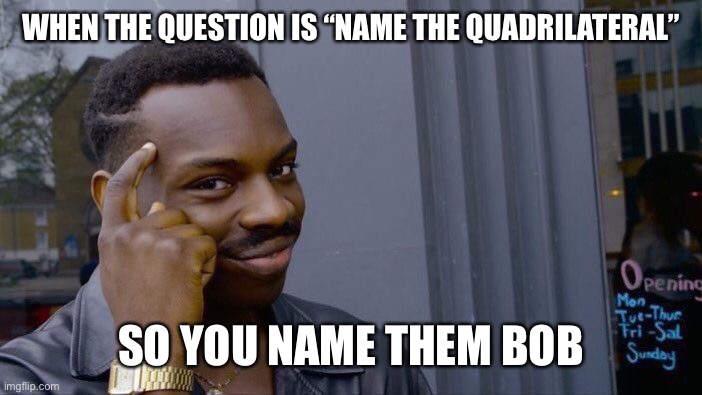 Big Brain | WHEN THE QUESTION IS “NAME THE QUADRILATERAL”; SO YOU NAME THEM BOB | image tagged in memes,roll safe think about it | made w/ Imgflip meme maker