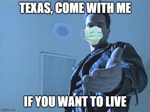 Greg Abbott is an incompetent fool, change my mind. | TEXAS, COME WITH ME; IF YOU WANT TO LIVE | image tagged in arnie - come with me if you want to live,memes,coronavirus,politics,texas,wear a mask | made w/ Imgflip meme maker