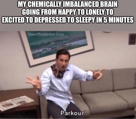 lol | MY CHEMICALLY IMBALANCED BRAIN GOING FROM HAPPY TO LONELY TO EXCITED TO DEPRESSED TO SLEEPY IN 5 MINUTES | image tagged in parkour,brain | made w/ Imgflip meme maker