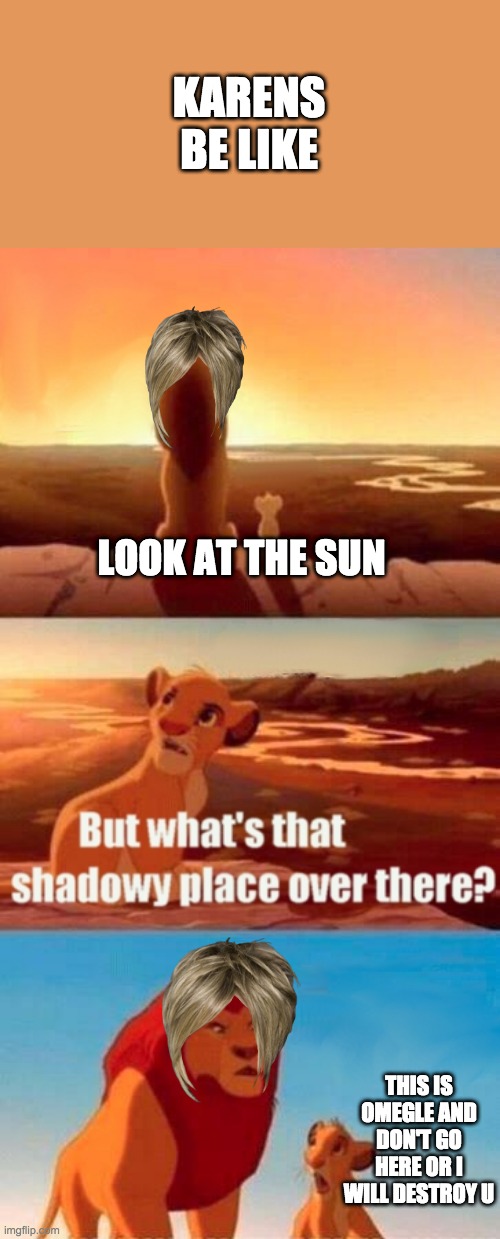 Karens be like | KARENS BE LIKE; LOOK AT THE SUN; THIS IS OMEGLE AND DON'T GO HERE OR I WILL DESTROY U | image tagged in memes,simba shadowy place,karen,parental controls,omegle | made w/ Imgflip meme maker